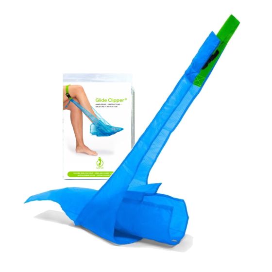donner for compression socks Steve Glide Clipper made from blue fabric with green elastic handle next to the minigrip polybag packaging with a full color photo on the inlay
