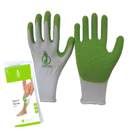 Steve grip gloves latex for putting on compression stockings next to its packaging