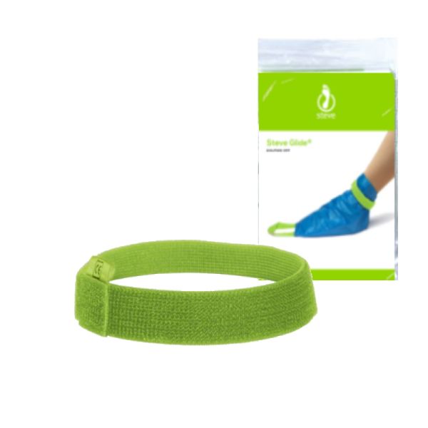 green elastic Velcro that forms aid for compression stockings Steve Glide OFF next to its package