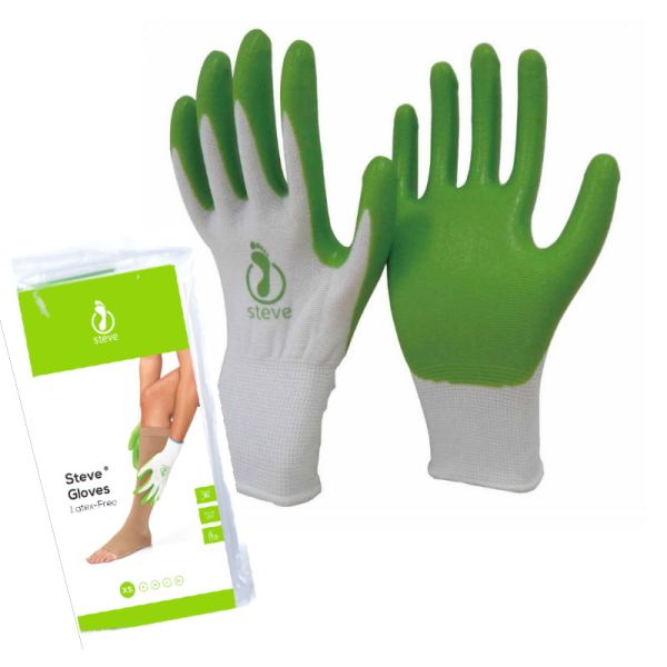 Steve grip gloves with green latex-free grip for putting on compression stockings next to its packaging