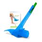 donner for compression socks Steve Glide Clipper made from blue fabric with green elastic handle next to the minigrip polybag packaging with a full color photo on the inlay