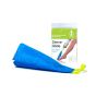 compression sock aid Steve Glide Dolphin made from blue fabric with a green loop as handle next to its packaging with full color photo on it